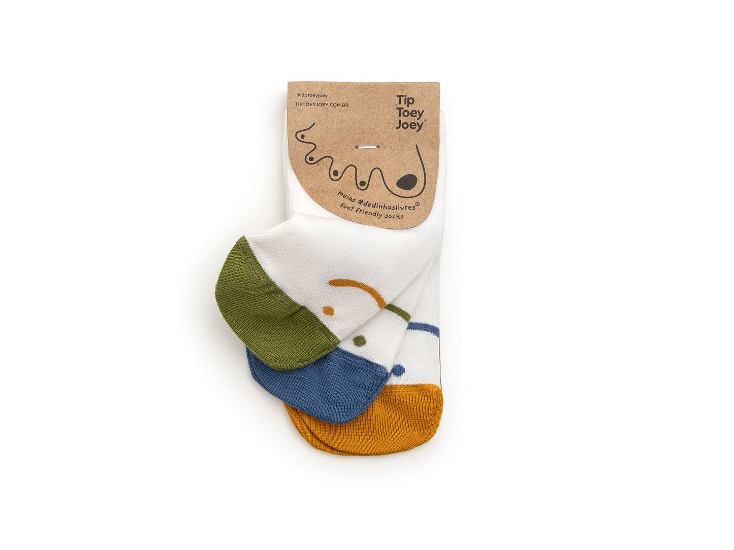 Kit de 3 Meias Barefoot Azul/Mostarda/Verde - Tip Toey Joey