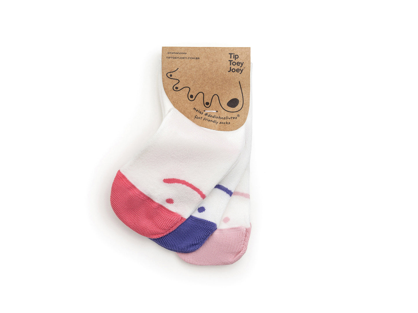 Kit de 3 Meias Barefoot Off White/Rosa/Violeta - Tip Toey Joey